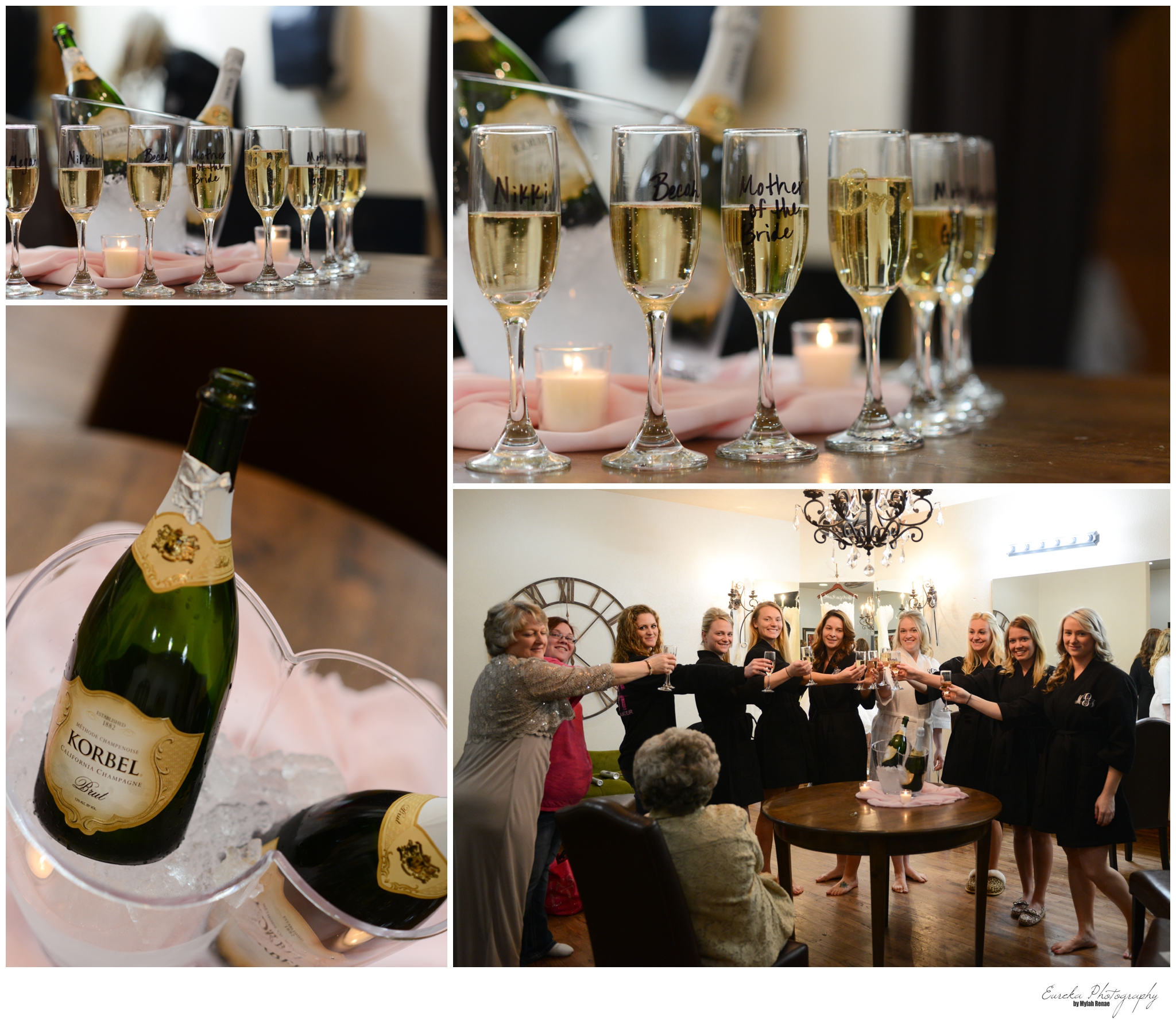 Champagne toast in bridal suite of Gabriel Springs wedding in Georgetown, TX