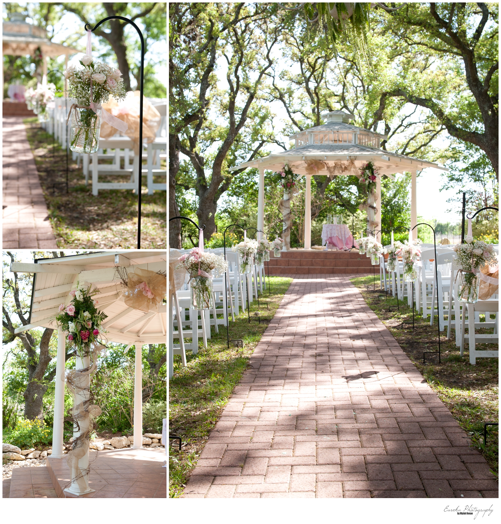 Winfield Inn Wedding pavilion decorated in Pink and Gray flowers by Flora Fetish in Springtime