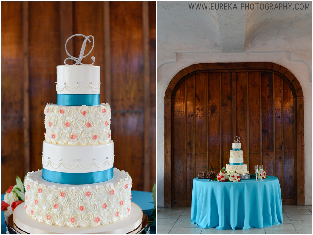 Coral and Turquoise wedding cake 