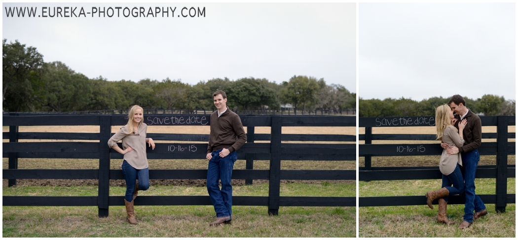 Chalk on a fence country engagement session save the date idea