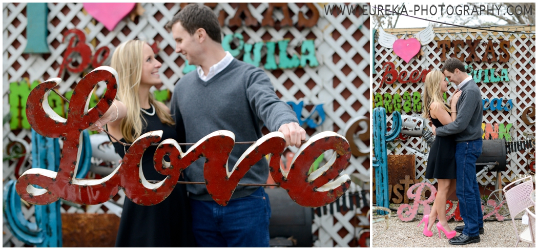 Engagement session with vintage antique marque signs