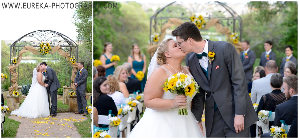 First kiss under the arbor at Kindred Oaks in Georgetown, TX