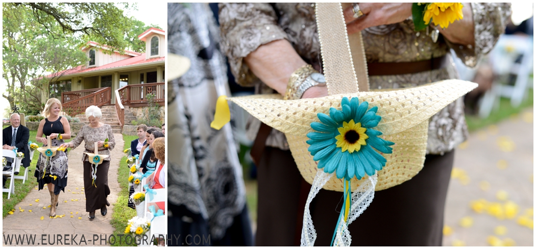 Grandmothers as flower girls with cowboy hat baskets