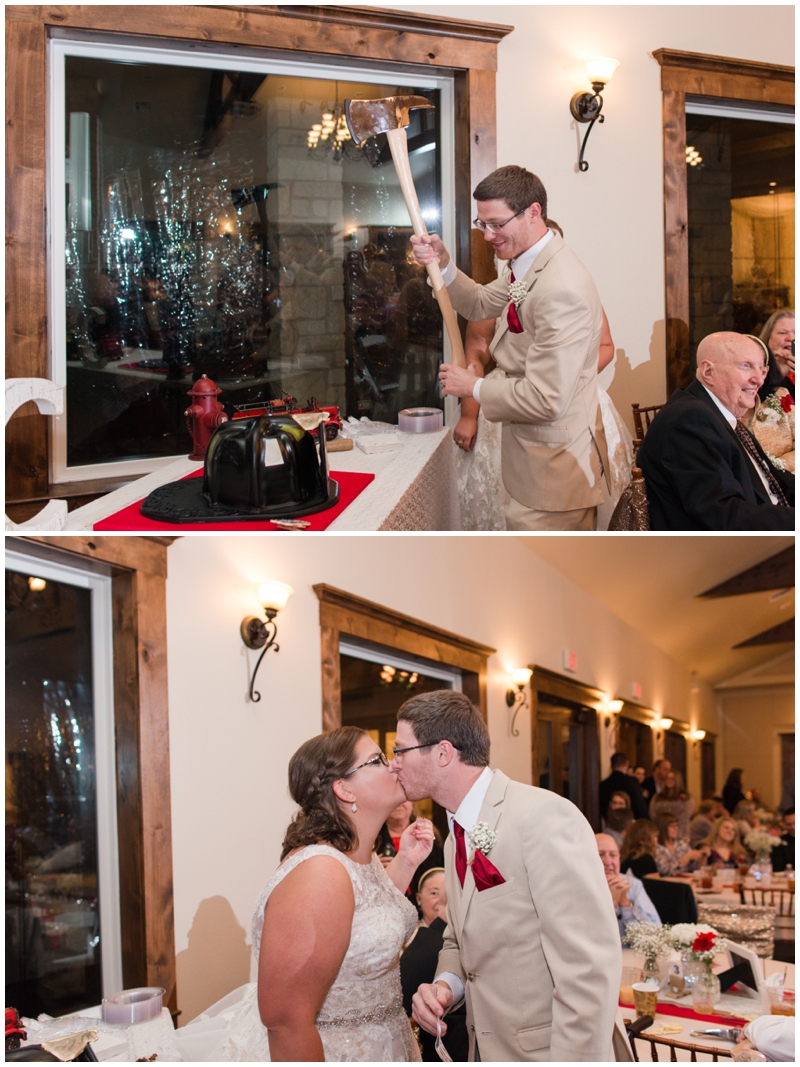 Cake cutting utensil: an axe to cut the firefighter's helmet shaped groom's cake