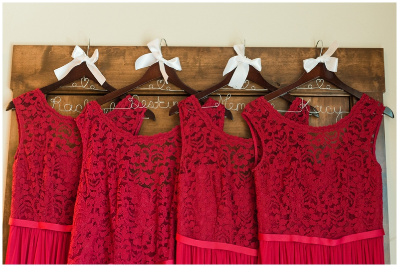 Red Lace Bridesmaids dresses for winter wedding at Cathedral oaks