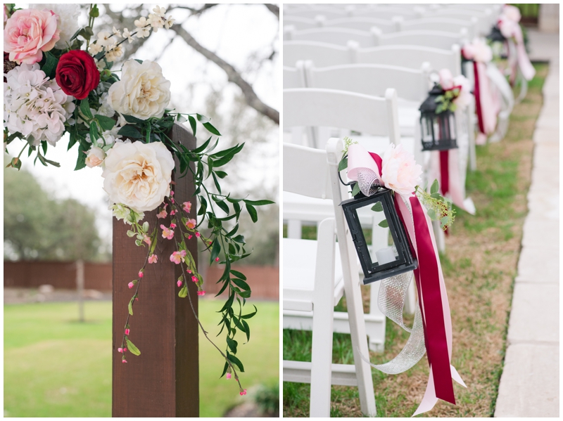 blush and cranberry wedding ceremony decor at The Springs