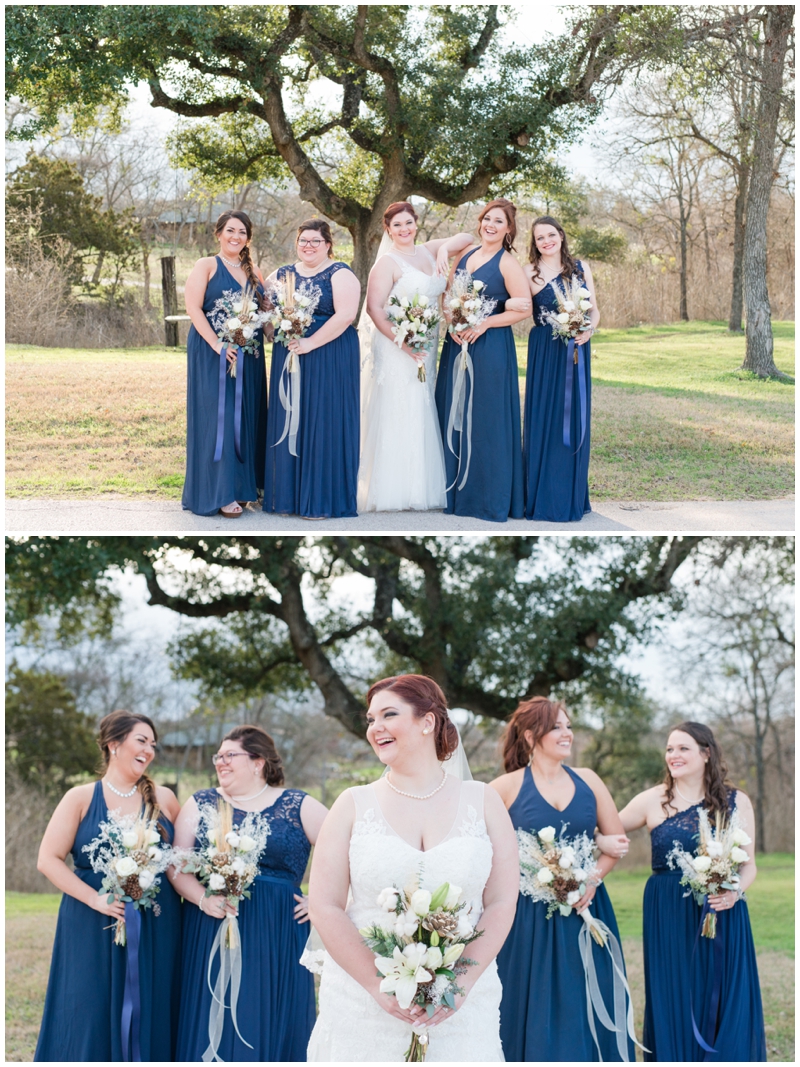 bridesmaids in navy dresses at Lone Oak Barn Winter Wedding