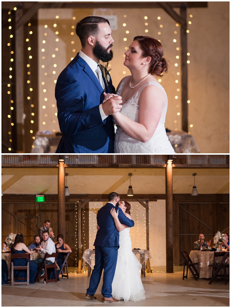 Navy Wedding Reception First Dance as Husband and Wife at Lone Oak barn with twinkle lights as the background