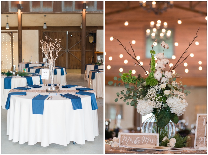 Navy Winter Wedding Reception at Lone Oak Barn in Round Rock