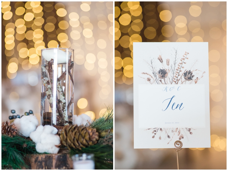 Cotton and Pice Cone Wedding Centerpieces at Lone Oak Barn Winter Wedding with Twinkle Lights