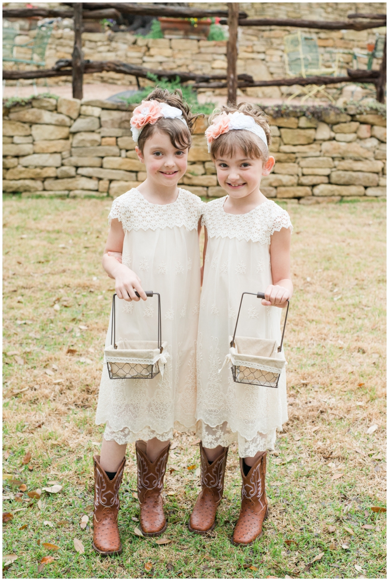 Flower girls in boots and lace dresses at Rustic Ranch wedding