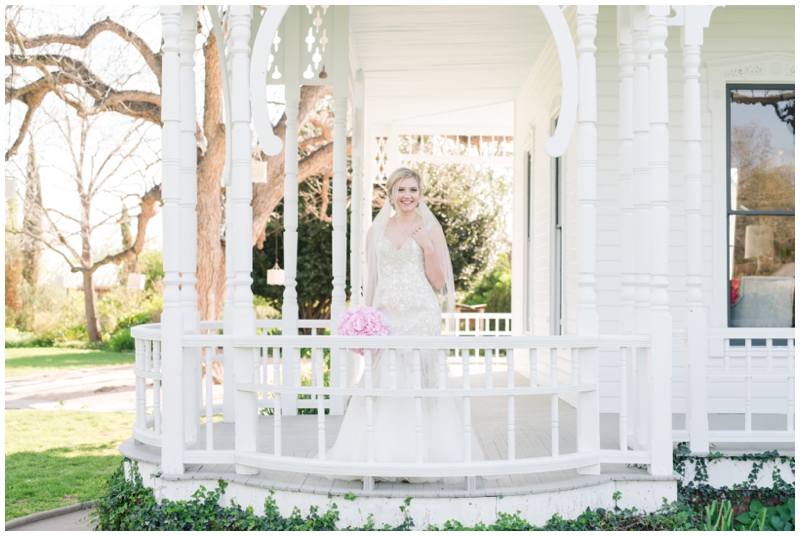 Bridal Portraits on wrap around porch of Barr Mansion in Austin, Texas
