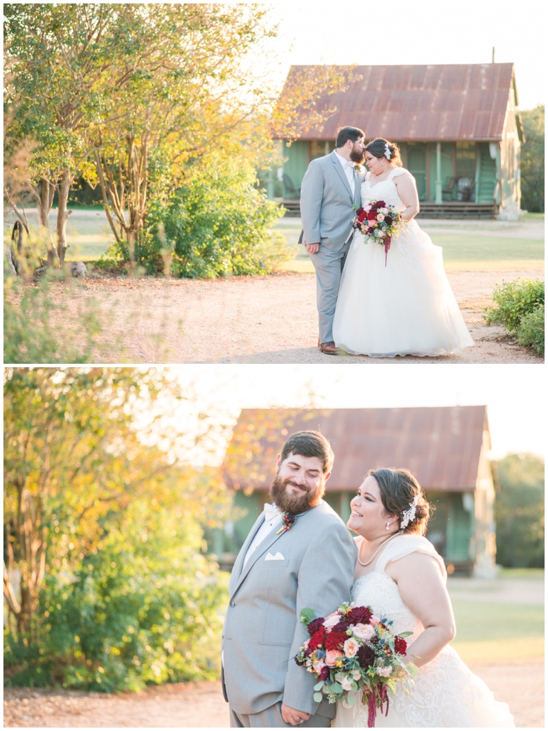 Romantic Sunset portraits of bride and groom at Hofmann Ranch near San Antonio Texas