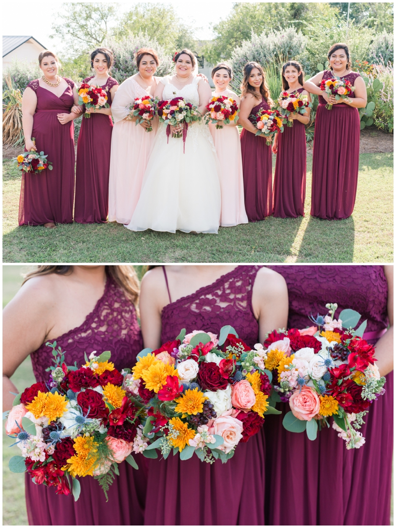 Burgundy and Blush Bridesmaids at Hofmann Ranch Wedding