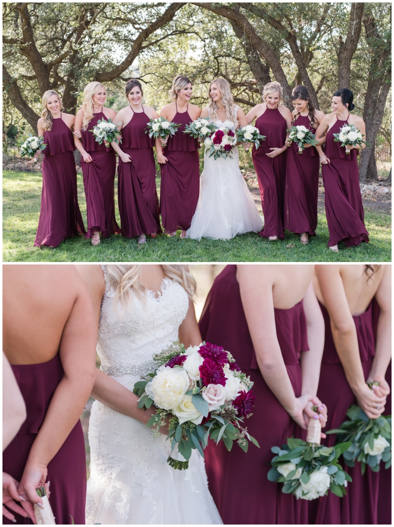 Wine Bridesmaids Dresses with cream and greenery bouquets