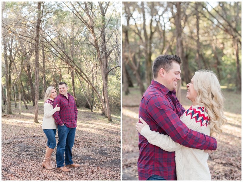 Sweater and burgundy plaid engagement photos in Austin Texas