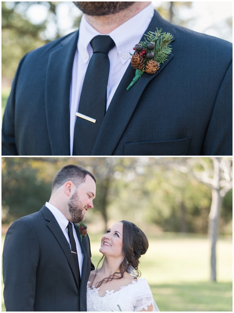 Winter wedding with pinecone boutonnieres at Pecan Springs Ranch 
