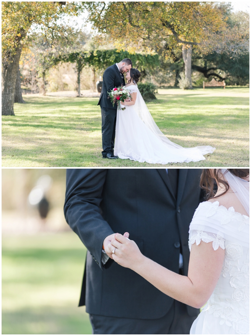 Romantic Portraits during first look at Pecan Springs Ranch