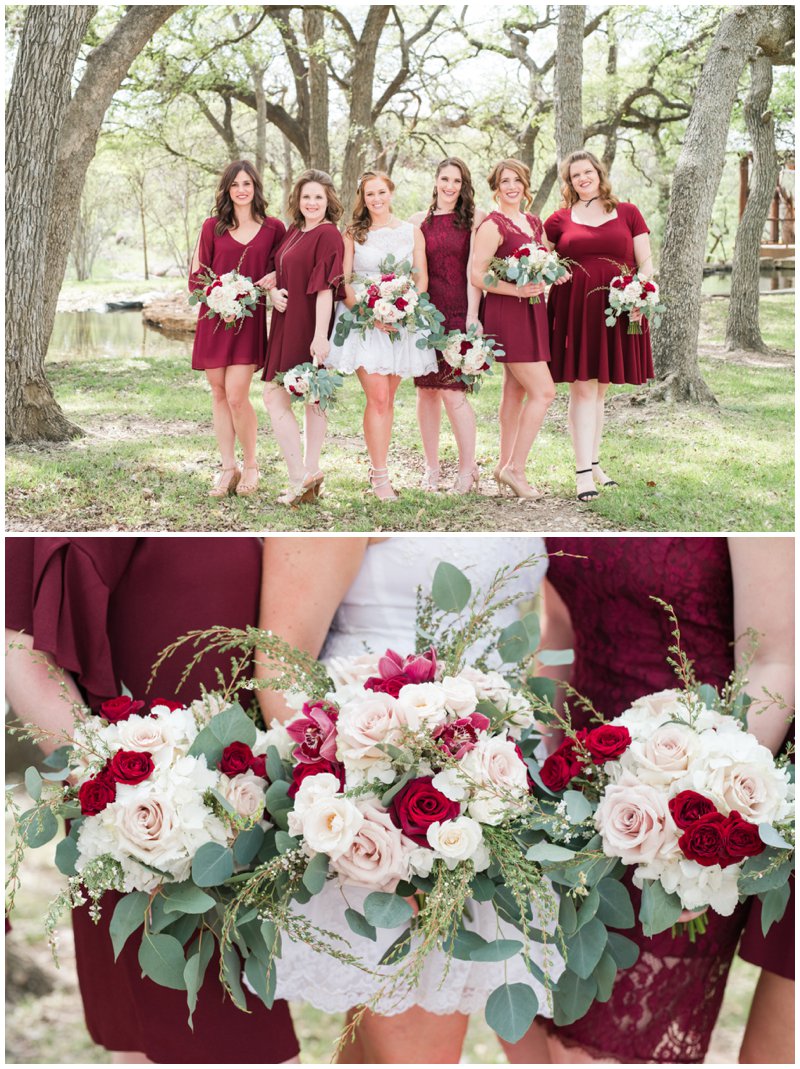 Picture Perfect Events floral design of bridesmaids bouquets in maroon and cream at Log Country Cove