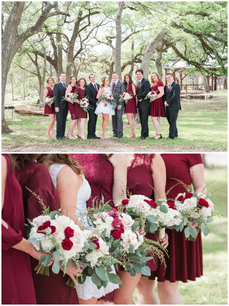 Wedding Party in Maroon at Log Country Cove wedding in Burnet Texas 