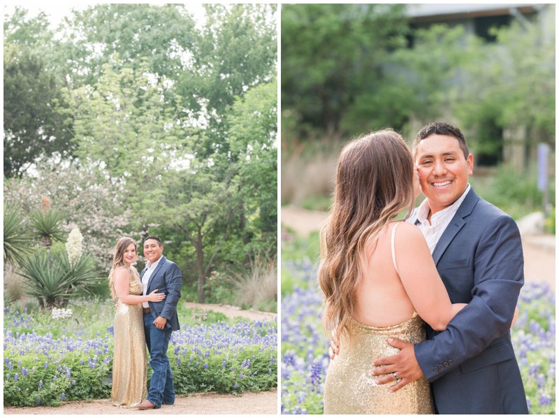 Bride wears gold sequin dress to Lady Bird Johnson Wildflower Center Anniversary Photos in April with bluebonnets in the background 