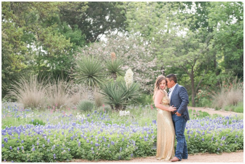 Bride wears gold sequin dress to engagement photos at The Wildflower Center in Austin Texas 