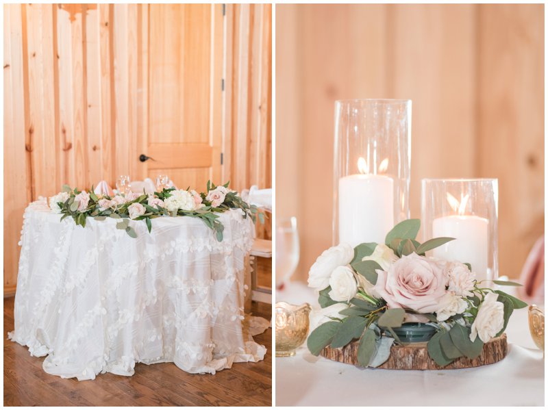 Sweetheart table at blush and white wedding reception 