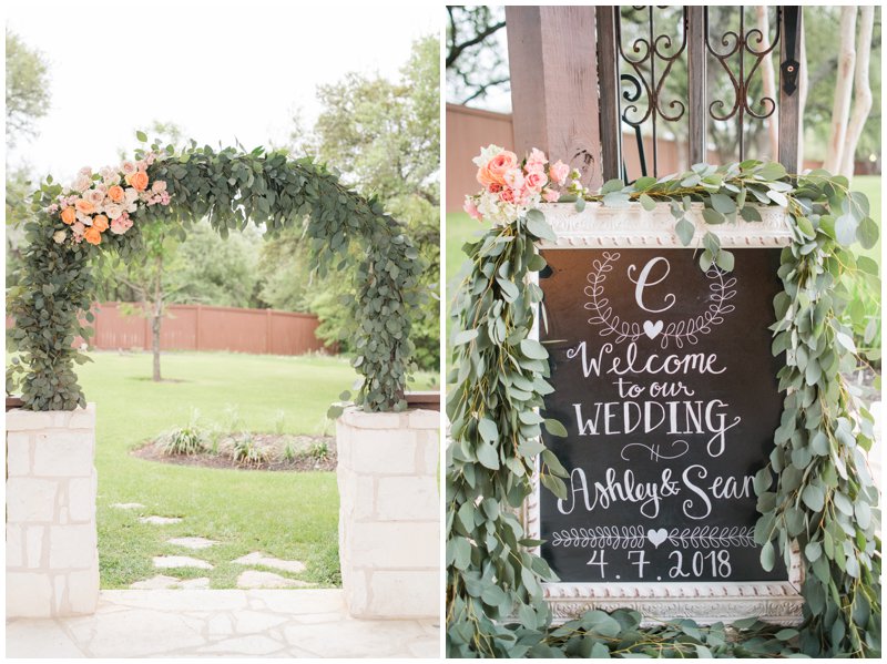 garland drapes outdoor arbor with peach florals at Milestone Georgetown wedding