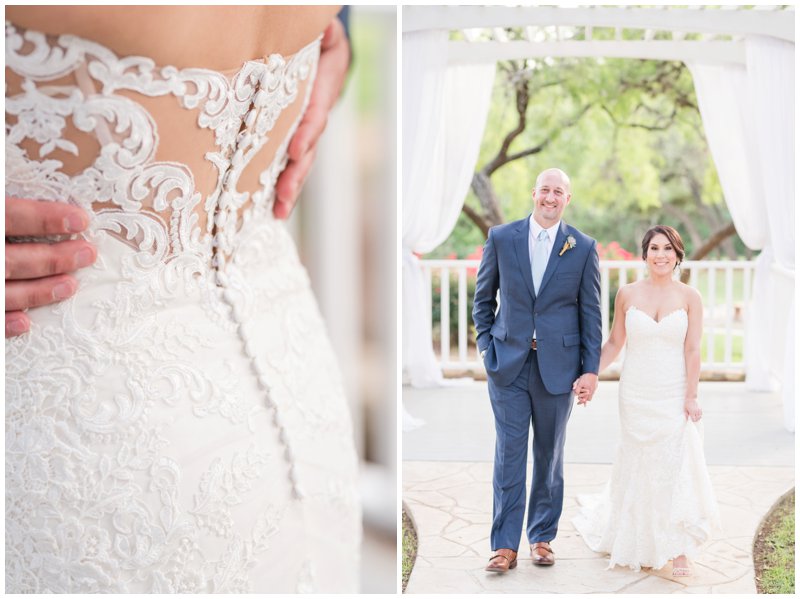 Bride and groom walk back up aisle at Gardens at Old Town Helotes Wedding