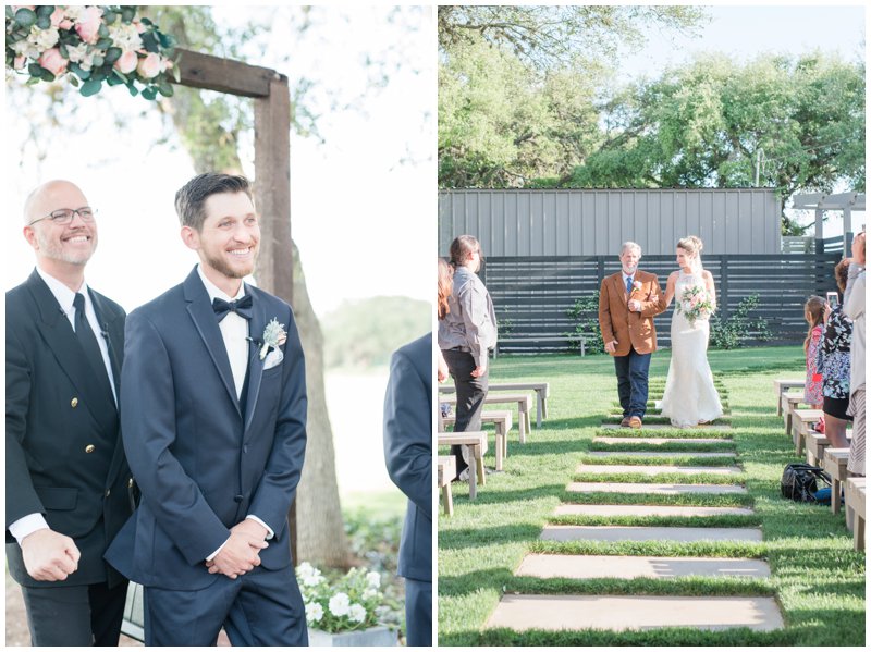 Groom grins as bride walks down the aisle at Stonehouse Villa wedding ceremony 