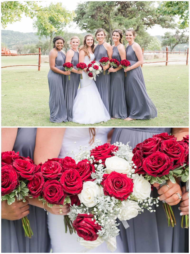 Gray Bridal party with rose bridesmaids bouquets at Happy H Ranch wedding