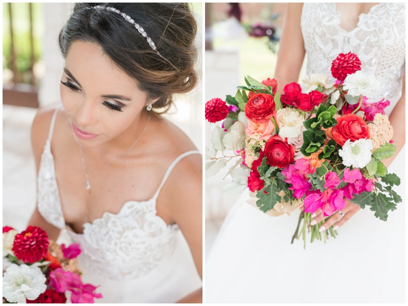 Bridal Portraits with fuchsia and red brides bouquet in Blush by Hayley Paige wedding dress