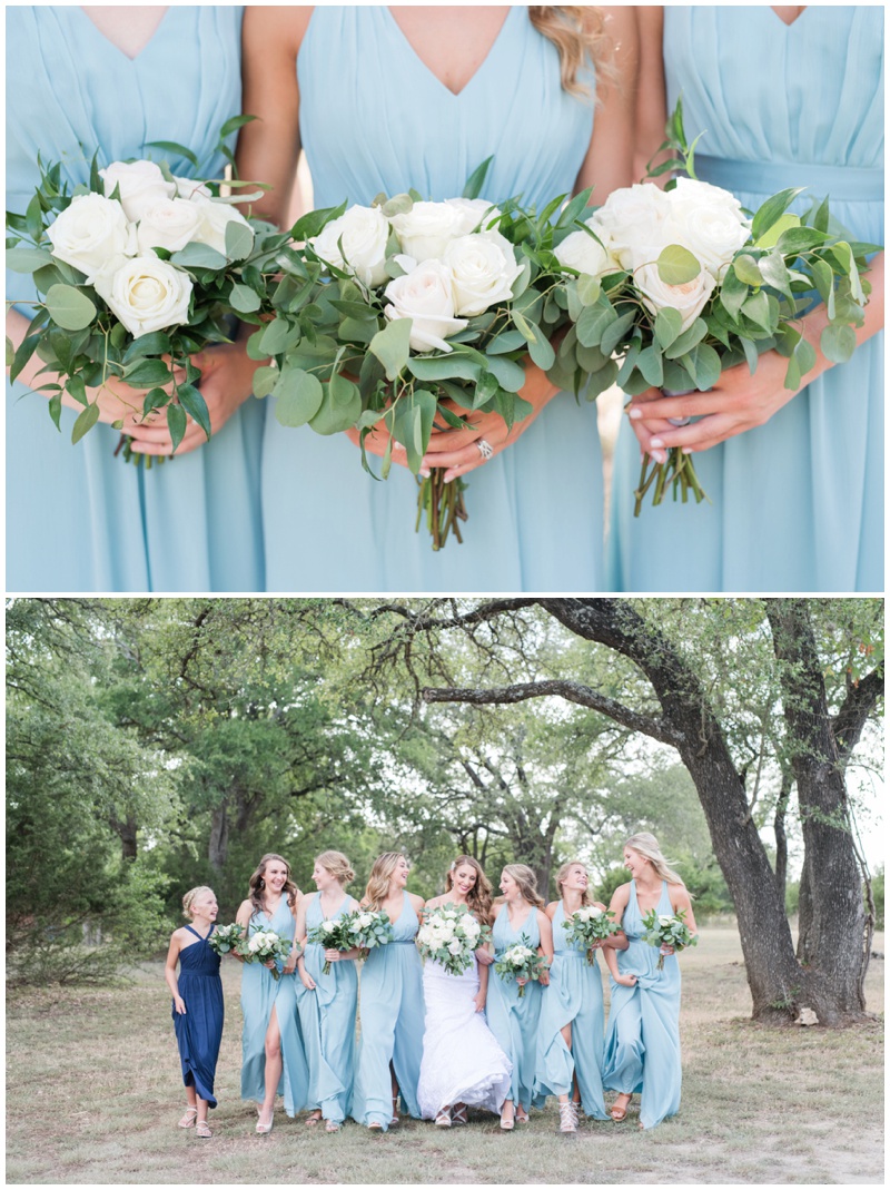 Slate blue bridesmaids dresses with white bouquets at Kindred oaks wedding
