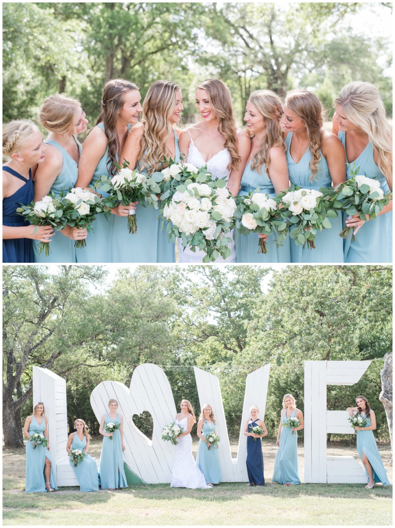 Bridesmaids in light blue at Kindred Oaks wedding holding white flowers