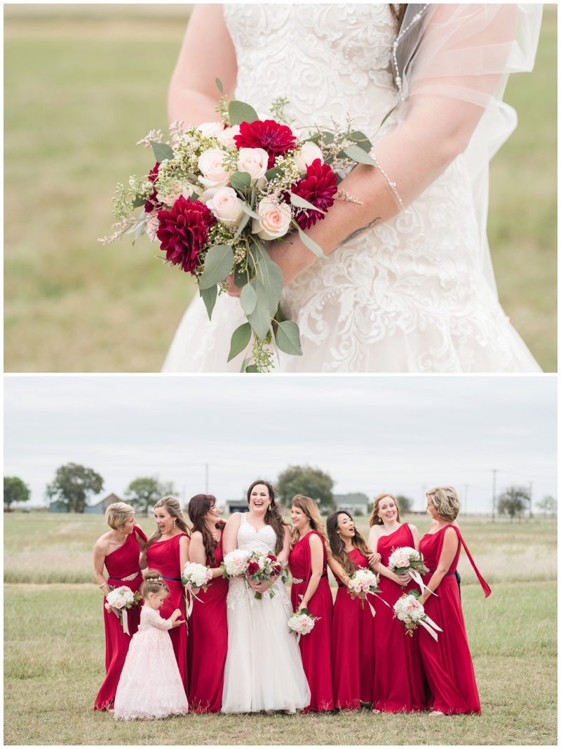 Bridesmaids in red with navy sashes at Hutt Wedding in November