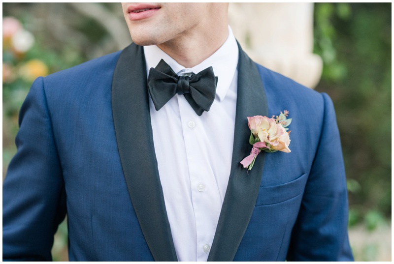 boutonnière and bowtie at black tie wedding at Villa Antonia in Austin