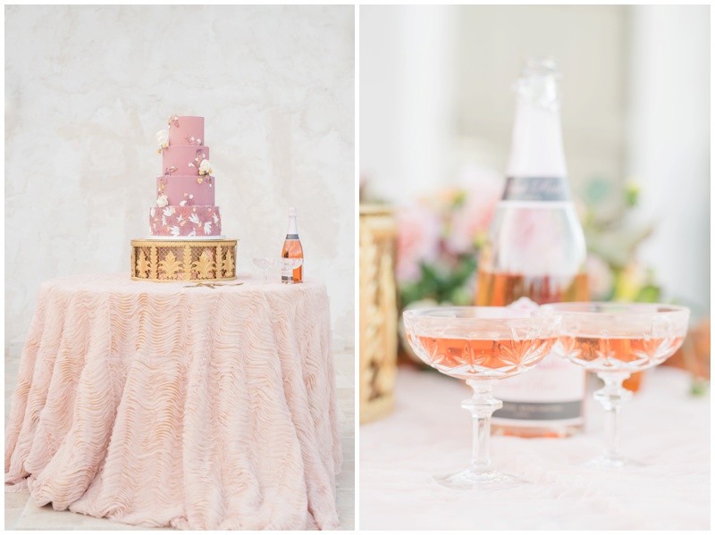 Iced Cake and Confections wedding cake in blush with champagne at Villa Antonia