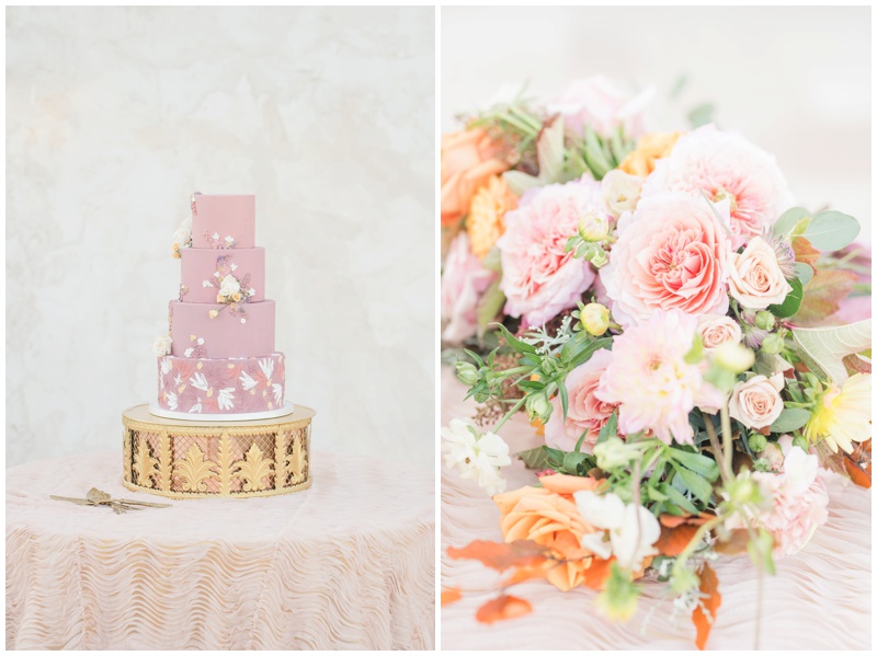 Iced Cake and Confections of Austin Texas blush wedding cake with white flowers on gold stand