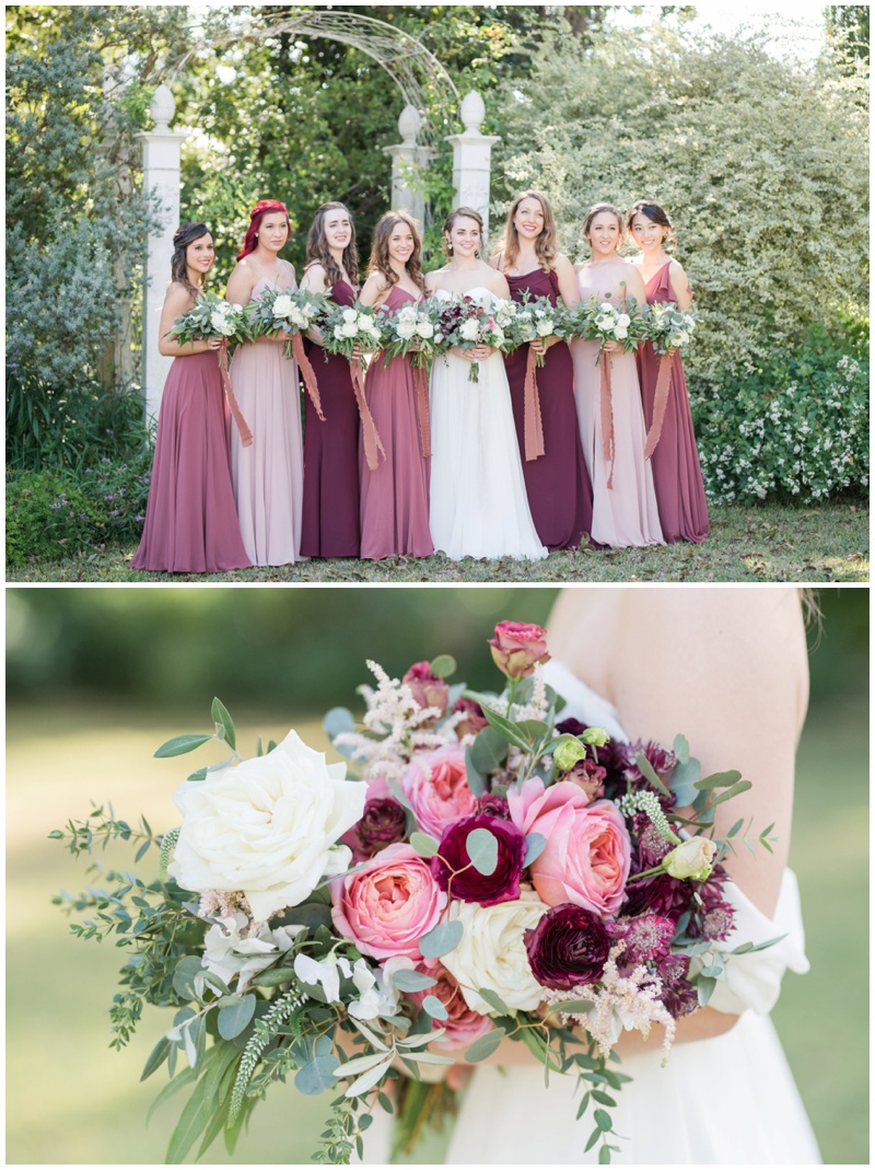 Mix matched Bridesmaids dresses in pinks at Fall Barr Mansion wedding in Austin Texas