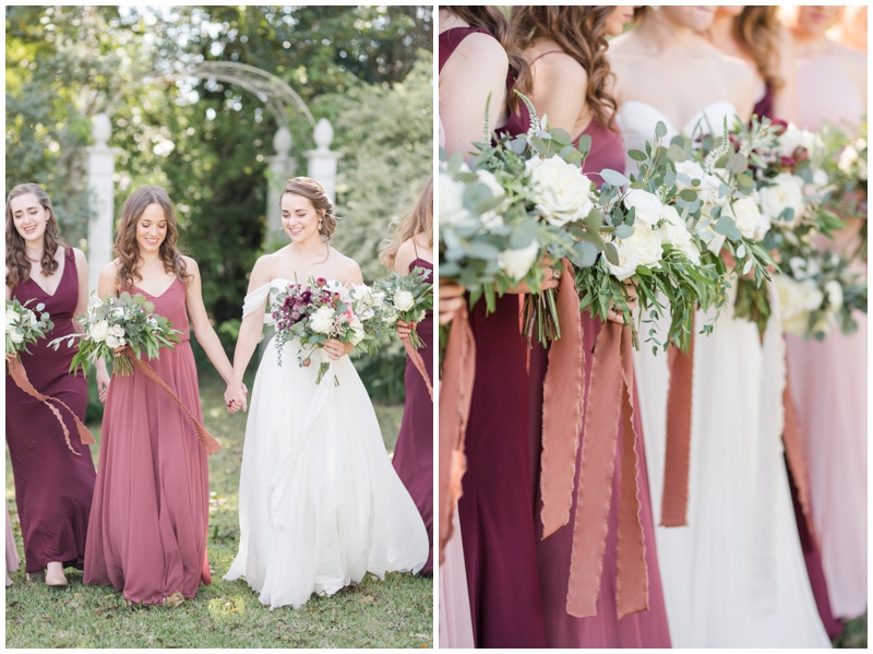 STEMS bridesmaids bouquets at Fall wedding in white and green against pink dresses