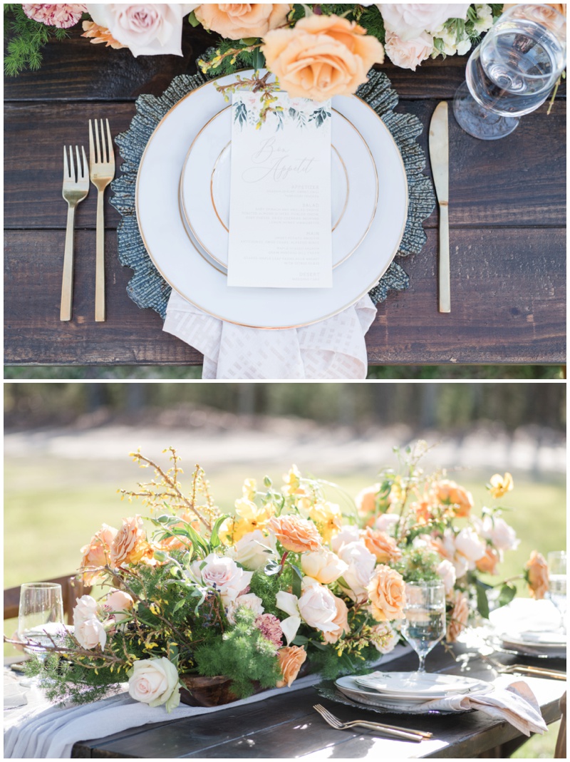Wedding Reception Details on Farm Table at Rustic White Sparrow Barn wedding