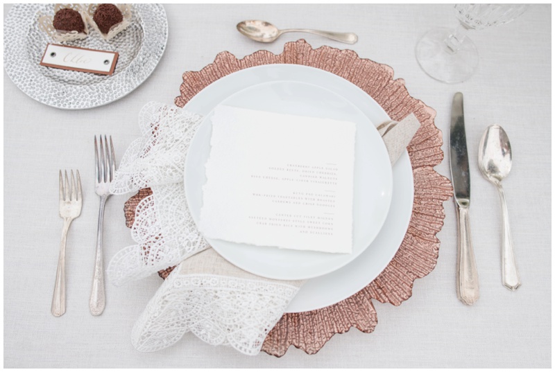 White and copper rose wedding reception details 