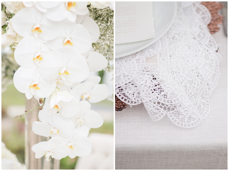 White Out wedding inspiration with orchids and lace napkins