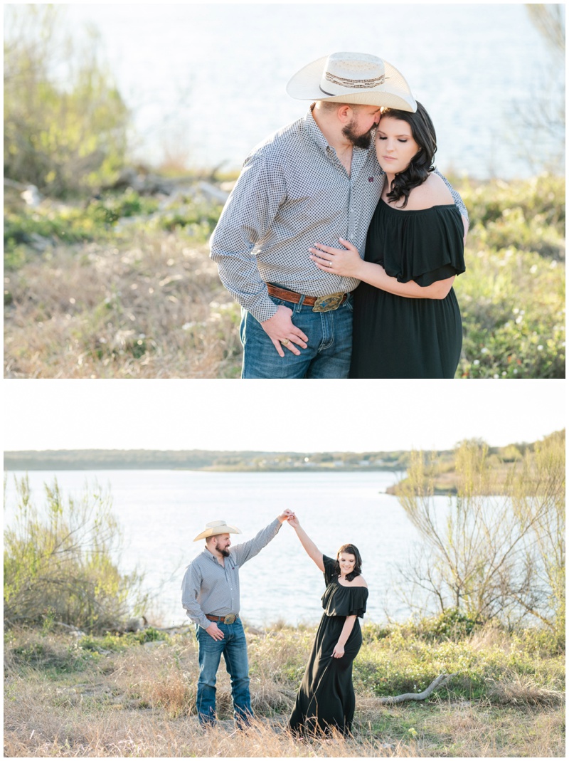 Texas engagement photos at Lake Georgetown with groom in cowboy hat and livestock show belt buckle 