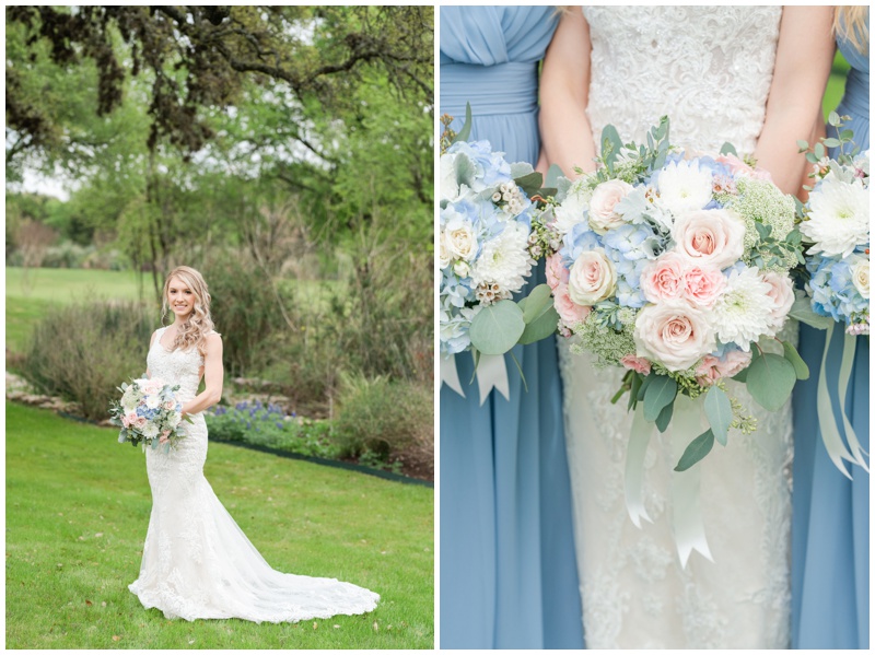 Bridal Portraits with pink and blue bouquet at Texas Old Town