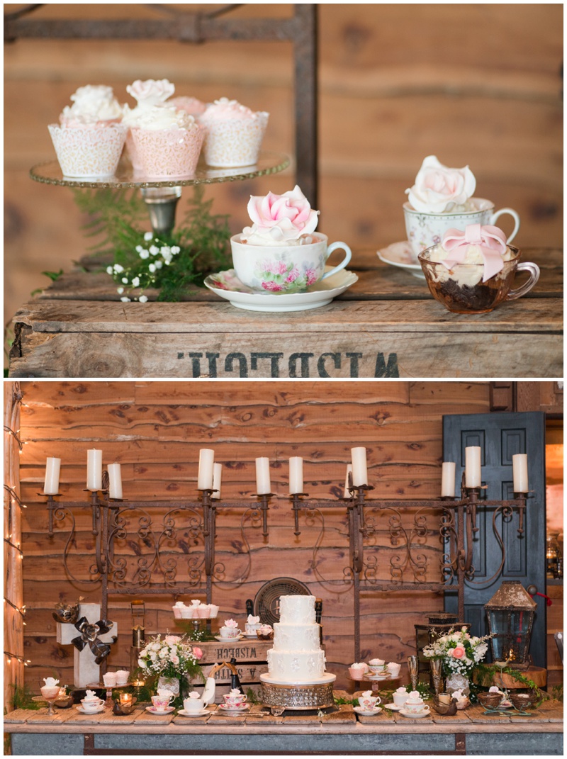 Cupcakes displayed in tea cups replace the traditional wedding cake at Old Glory Ranch in Wimberley 