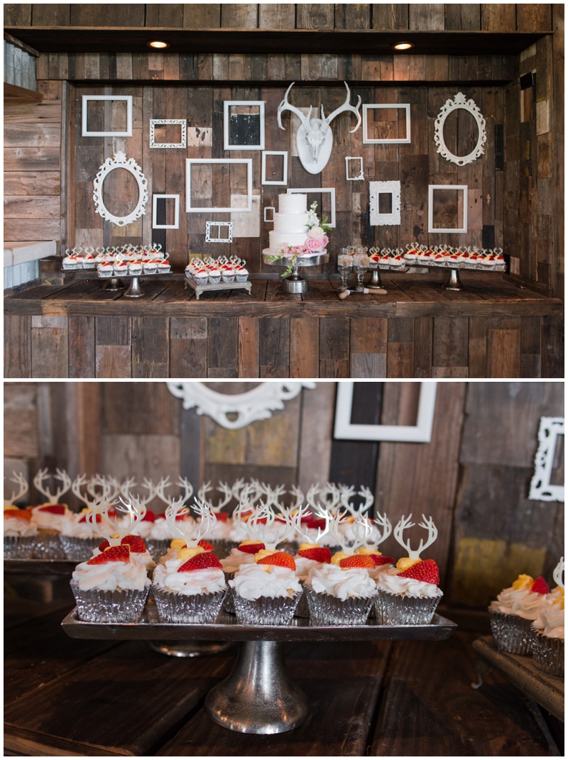 Antler themed wedding at The Creek Haus with mini cupcakes dessert station with vintage frames