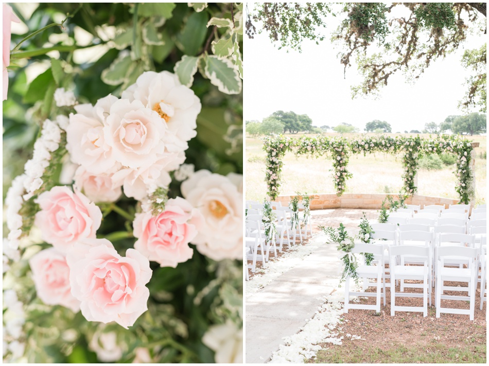 Whim Hospitality Floral Arch wedding ceremony set up in blush cream and greenery