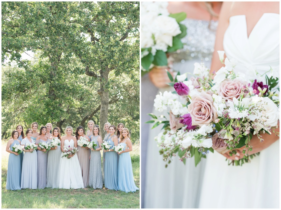 Mix matched bridesmaids dresses in dusty blue at The Barn at Swallow's Eve Wedding