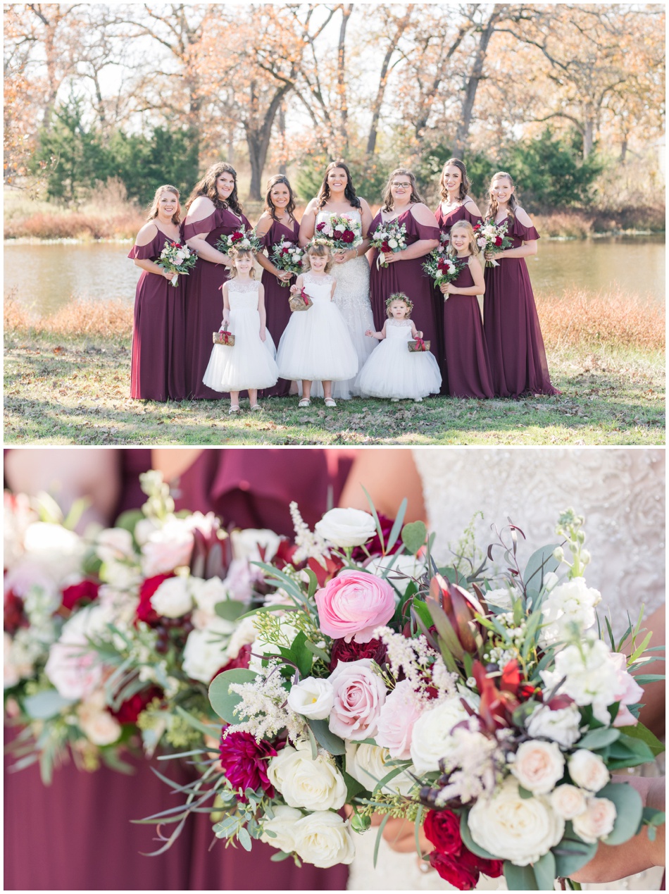 Bridesmaids in maroon in front of pond at Brownstone Reserve